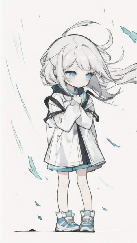 best quality, chibi, 1 girl, (full body), pure white background,vivid,clearly,sad face,rain,blowing in the wind