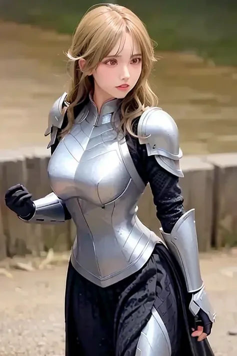 Knight, black and silver intricate armor, black as the base, lots of detail, anime style, brown medium tone skin, blonde hair, light green eyes, facial scar, very large sword, lean figure, modest armor. Realistic armor. Close up, female