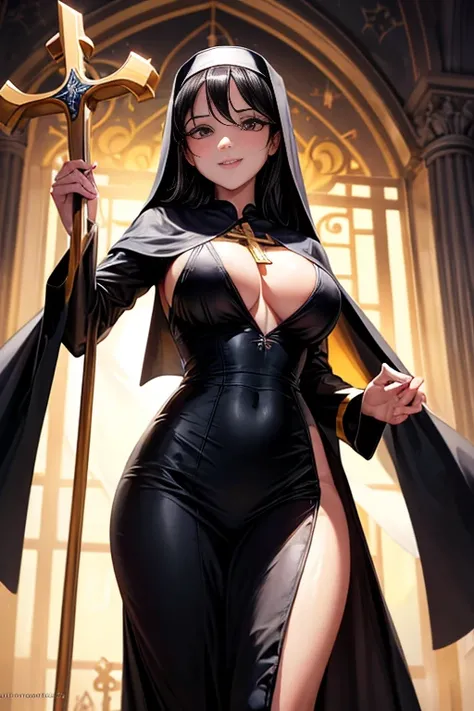 sexy nun,cross on her tits,bible in her hands,illustration,seductive pose,charming smile,beautiful detailed eyes,intense gaze,soft lips,long eyelashes,shiny black hair,rosy cheeks,fair skin,flowing robe,golden cross pendant,soft lighting,vivid colors