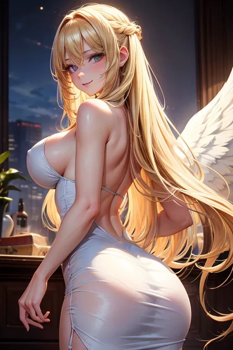 masterpiece, best quality, shadows, best light, dynamic angle, 1 girl, pretty angel, blonde long hair, sexy tight dress, wings, seductive smile, flirty, intense gaze, soft lips, long eyelashes, angelic vibes, perfect anatomy, looking at the viewer, pretty ...