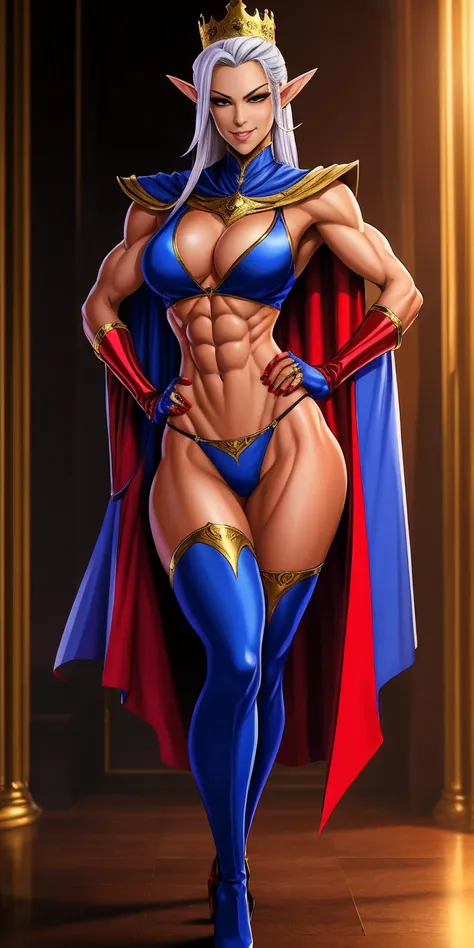 extremely long hair, ponytail, perfect anatomy 1 girl tall solo, slim thick, ((muscular)) high elf toned body, silver breast plate, blue cape, slendered abs, hourglass waist, detailed face, defined cheekbones, puffy lips, gauntlets, gold crown, shadow over...