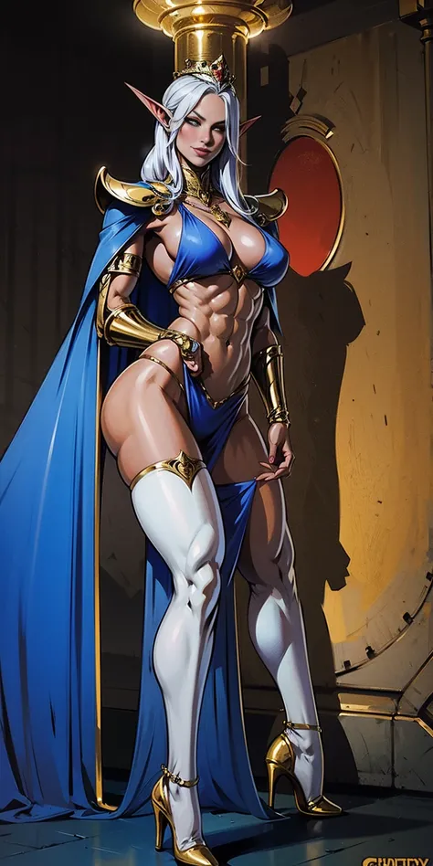 extremely long hair, ponytail, perfect anatomy 1 girl tall solo, slim thick, ((muscular)) high elf toned body, silver breast plate, blue cape, slendered abs, hourglass waist, detailed face, defined cheekbones, puffy lips, gauntlets, gold crown, shadow over...