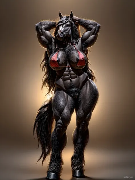 anthro, horse, female, muscular, hairy body, hary armpits, hairy legs, hairy chest, hairy belly, visible pubes, bikini, hard nipples, breasts, wide hips, long hair, pretty, dark black fur