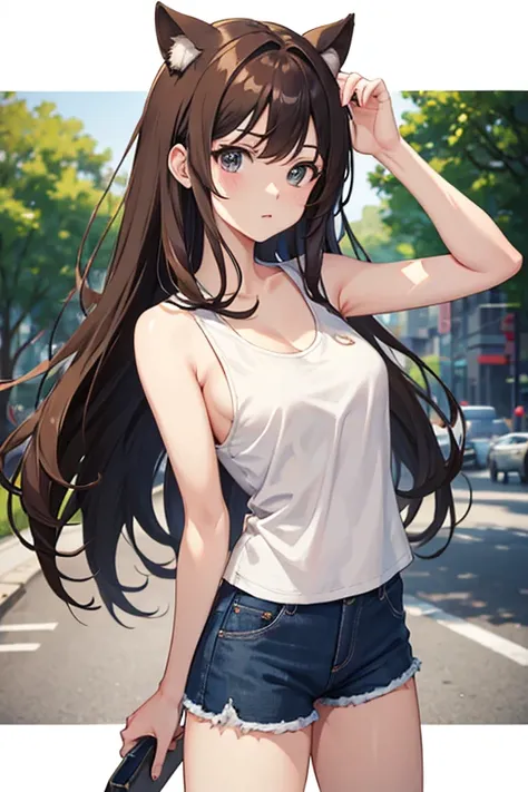 masterpiece, highest quality, High resolution，Anime Style、Brown Hair、Long Hair、female、Tank top、Shorts