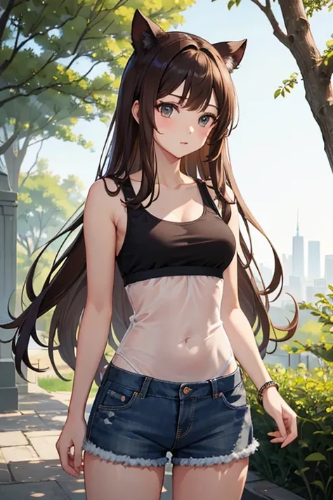 masterpiece, highest quality, High resolution，Anime Style、Brown Hair、Long Hair、female、Tank top、Shorts、See-through