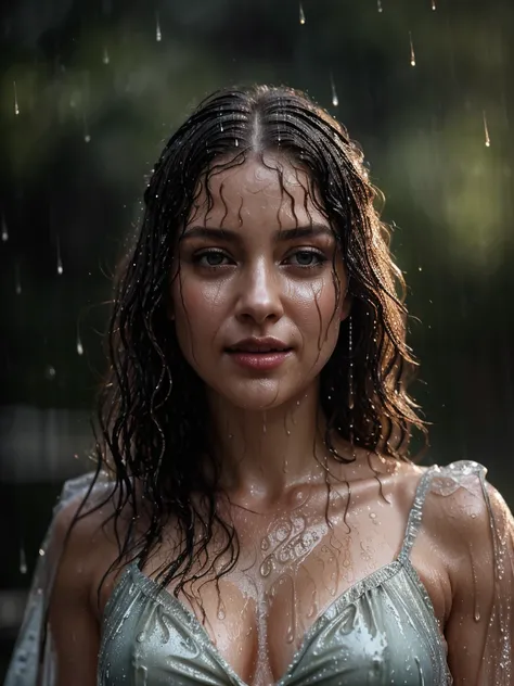 woman stands outside in the rain, shimmering skin, finest luxury, reflecting rain light on her, (shes soaking wet from the pouring rain, standing outside in open next to street light)), most beautiful woman on earth, (her hair is (dripping wet:1.2), she gl...