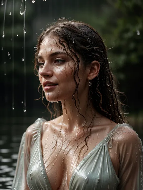 woman stands outside in the rain, shimmering skin, finest luxury, reflecting rain light on her, (shes soaking wet from the pouring rain, standing outside in open next to street light)), most beautiful woman on earth, (her hair is (dripping wet:1.2), she gl...