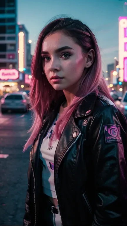 Una chica con el rostro de Ava max, estilo synthwave, con un fondo de una Ciudad futuristas 