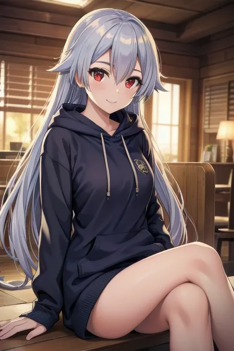 a masterfully detailed, photorealistic portrait of Tomoe Gozen, a beautiful female oni with long silver hair, red eyes, a cute smile, and hair between her eyes, wearing a hoodie and sitting in the Torino style, (best quality, 4k, 8k, highres, masterpiece:1...