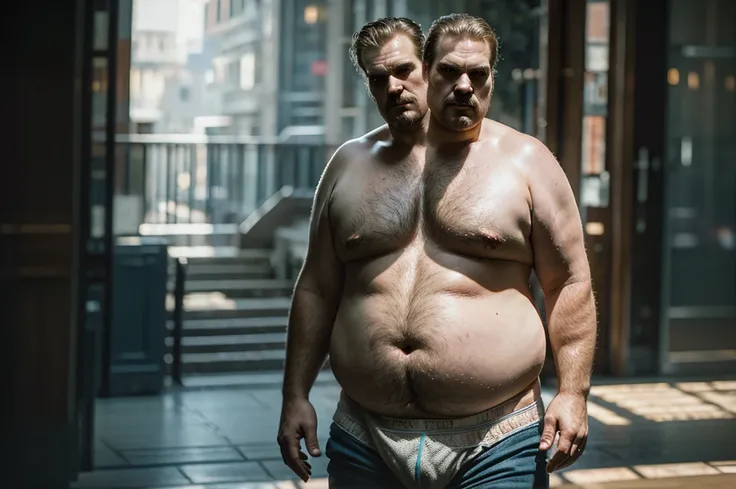 (((2heads))), solo, ((((david harbour)))), middle aged, male, short graying hair, (((obese, overweight, fat, chubby, heavy, dadbod))), ((shirtless, briefs)), navel, body hair, dreamy atmosphere, dark cyan and red, i cant believe how beautiful this is, sere...