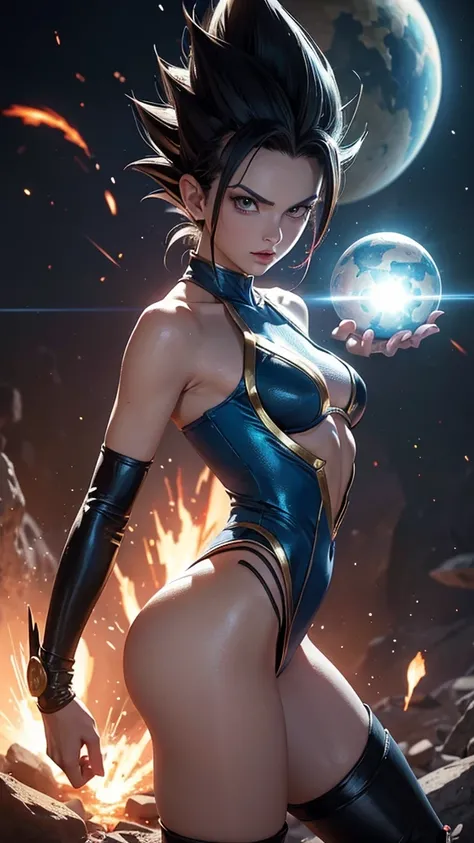 Vegeta in sexy woman version, dragon ball Anime, cuerpo muy delgado, skinny body, small and beautiful breasts, small and beautiful buttocks, armadura saiyajin antigua clasica muy sexy, provocativa, perversa, obsena, cabello radiante, en fondo se observan p...