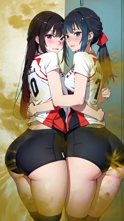 2 Asian girls, anime girls, both girls farting together side by side, desperate to poop, farting in loscker room, 2 girls farting, wearing volleyball outfit, stomach bloated, hands hugging butt, pained expression, shocked and embarrassed, mouth open in sho...