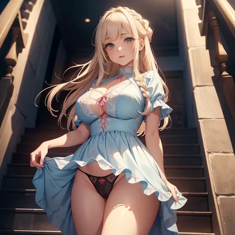 (from below1.2), super high quality, (8k, RAW photo, realistic), wearing light blue dress, skirt lift, white flowing layered braided bangs long hair, cute woman, shining gold big eyes, annoying sexy expressions, red sexy thick lips, medium breasts, pink br...