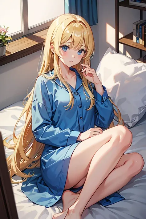 masterpiece, highest quality, High resolution，Anime Style、Blonde、Long Hair、blue eyes、pajamas