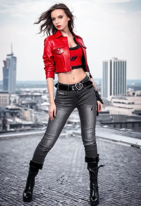 (high quality, Meisterwerk, Detaillierte), burning city Detaillierte scenario, burning city Detaillierte background, Jeans-Grau, belt, rote Crop-Top-Jacke aus Leder, unzip, schwarzes Top-Shirt, Handschuhe, Phoenix symbol on the chest, rote Lederhose, sitti...