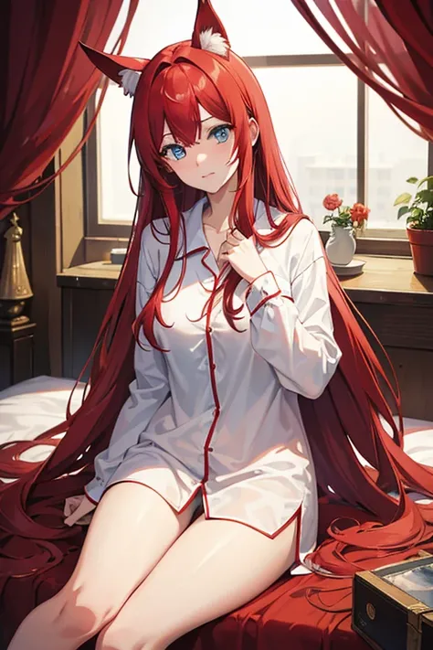 masterpiece, highest quality, High resolution，Anime Style、Red hair、Long Hair、blue eyes、pajamas