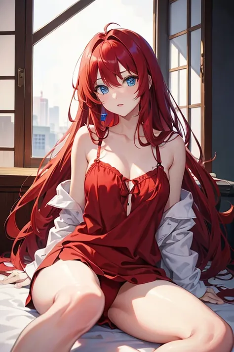 masterpiece, highest quality, High resolution，Anime Style、Red hair、Long Hair、blue eyes、pajamas