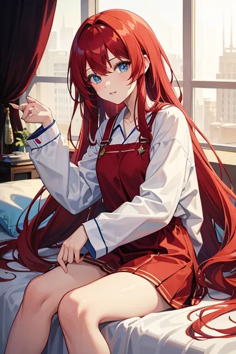 masterpiece, highest quality, High resolution，Anime Style、Red hair、Long Hair、blue eyes、pajamas