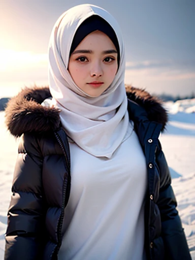 muslim girl, hijab, fur puffer winter coat with hood, snowy background