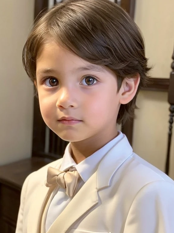 A nine year old boy, muy hermoso, piel blanca, rasgos finos, light brown eyes, light brown hair, ojos rasgados, mirada seria, mirada triste, vestido muy formal, en la sala de estar.