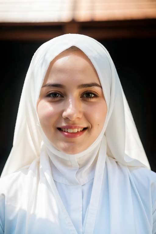 RAW photo, face portrait photo of beautiful 26 y.o woman, cute pretty face, wearing islamic hijab and white abaya, happy face, hard shadows, cinematic shot, dramatic lighting,