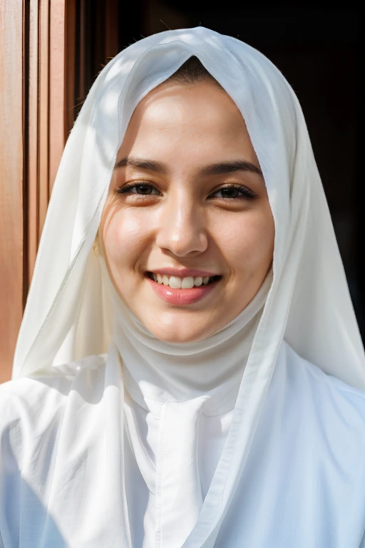 RAW photo, face portrait photo of beautiful 26 y.o woman, cute pretty face, wearing islamic hijab and white abaya, happy face, hard shadows, cinematic shot, dramatic lighting,