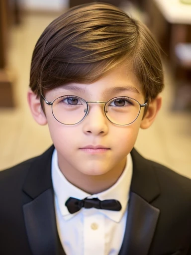 A twelve year old boy, muy hermoso, piel blanca, rasgos finos, light brown eyes, light brown hair, small slanted eyes, mirada seria, mirada triste, vestido muy formal, en la sala de estar, gafas discretas.