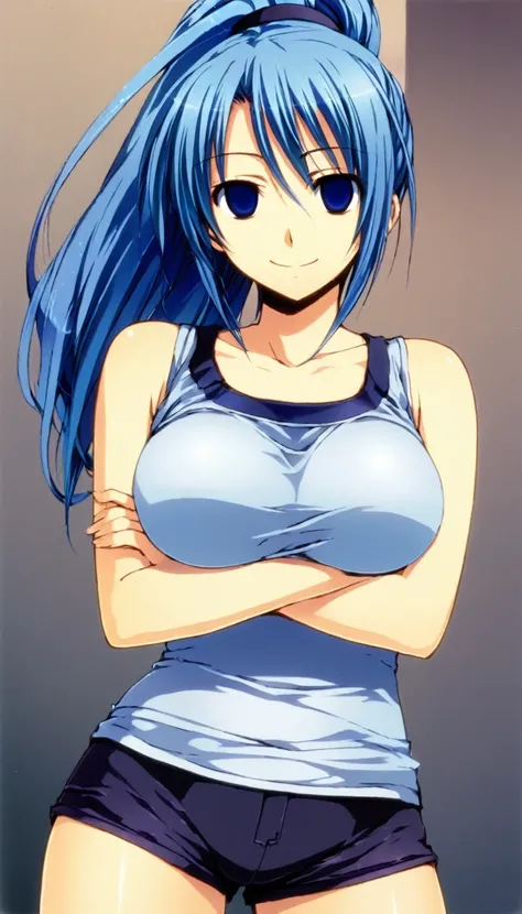 masterpiece, best quality, early, 1girl, solo, adult, blue hair, big hair, ponytail, blue eyes, empty eyes, white cut top, shorts, large breasts, standing, crossed arms, smile, looking at viewer