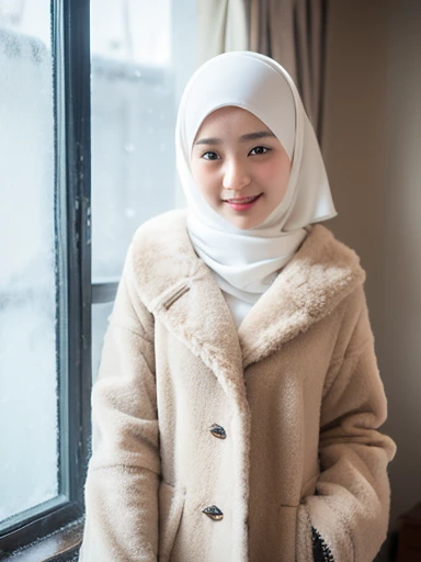 muslim girl, hijab, fur puffer winter coat with hood, bedroom, snowy window background