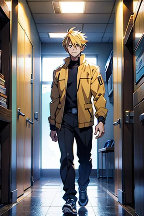 Anime guy with blonde hair, walking, full body shots, manga page with panels and dialogue 