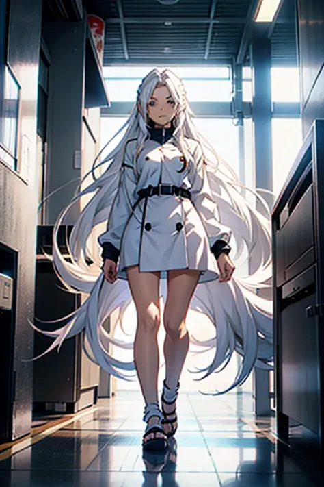 Girl with long white hair, walking, full body shots, manga page with panels and dialogue 