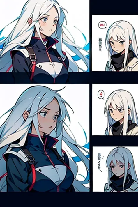 Girl with long white hair, surprised, manga page with panels and dialogue 