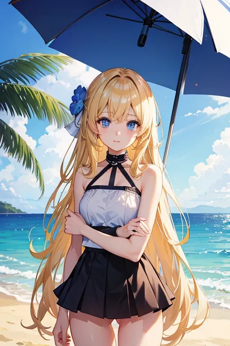 masterpiece, highest quality, High resolution，Anime Style、Blonde、Long Hair、blue eyes、Swimwear、beach、Beach parasol