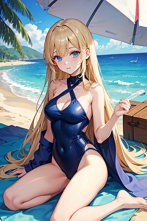 masterpiece, highest quality, High resolution，Anime Style、Blonde、Long Hair、blue eyes、Swimwear、beach、Beach parasol