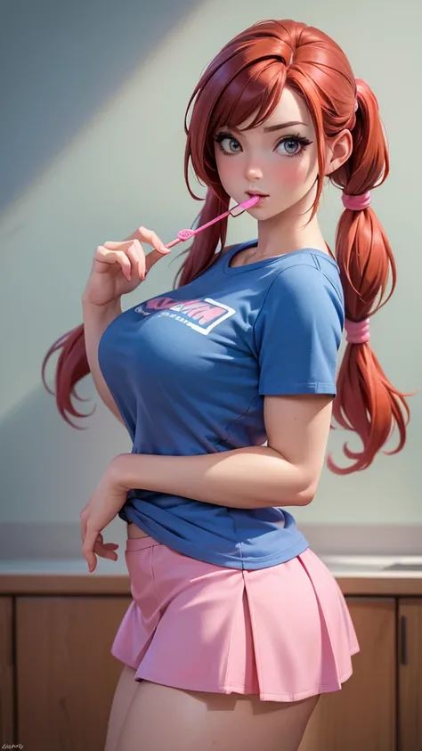 (best quality,4k,highres,masterpiece:1.2),ultra-detailed,(realistic,photorealistic:1.37),woman brunette,red hair and pigtails,blue shirt,pink school miniskirt,sucking a lollipop,well-endowed,well-proportioned legs,NSFW,incredibly attractive,busty,big ass,b...