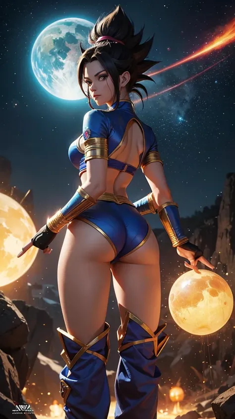 King Vegeta in sexy woman version, dragon ball Anime, cuerpo muy delgado, skinny body, small and beautiful breasts, small and beautiful buttocks, guerrera saiyajin, classic ancient king saiyan armor, provocativa, perversa, obsena, cabello radiante, en fond...