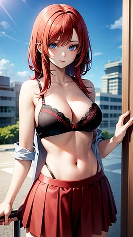 An anime girl with red hair and blue eyes wearing a skirt and an open shirt revealing a black and red bra