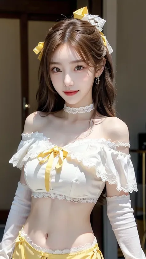 ((masterpiece: 1.4, best quality))+,(ultra detail)+, official art, unity 8k wallpaper, ultra detail, beautiful, high quality, Highlight your cute face,  masterpiece, best quality, semi wavy medium length hair, (((sunny hill))), (White off-shoulder halterne...