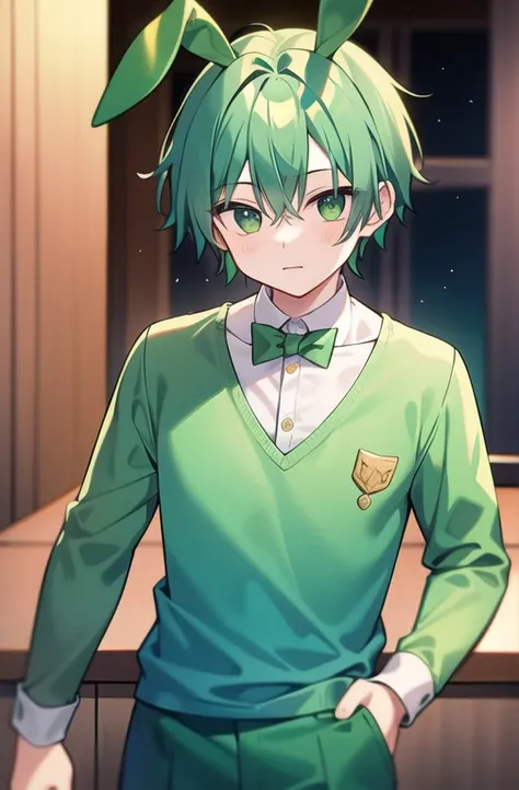 1boy green hair green rabbit ears green shirt green pants