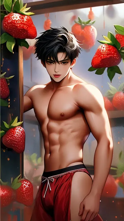 Painting, bullfighter, among fruits and berries  frivolous young  Thirteen year old son, fitness body, voluminous,  elastic buttocks, Tanga panties, playful look, aesthetically pleasing, beautiful, yaoi, super-detailed, high quality. Only male gender, guys...