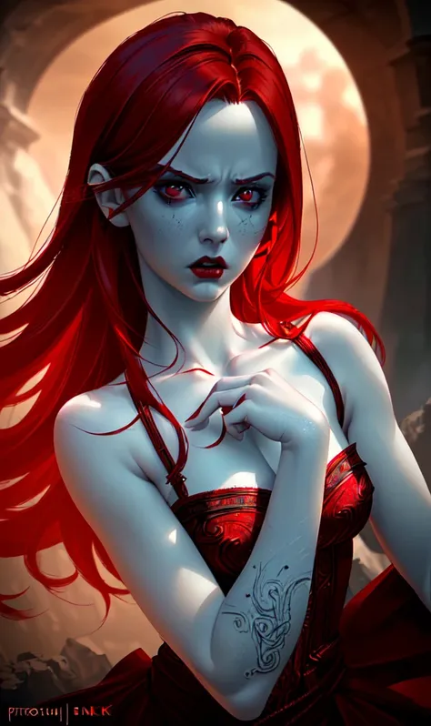 a beautiful woman with scarlet red hair, pale white skin, glowing, punishing, goddess-like expression, detailed intricate facial features, piercing eyes, angry expression, dramatic lighting, cinematic composition, dark moody atmosphere, dramatic chiaroscur...