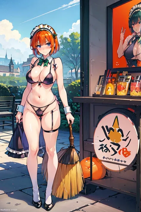 best quality,high quality,masterpiece,solo,(((lingerie maid))),(orange hair),short hair,dark blue eyes,green hairband,green bowtie,standing,grab broom,((black string bikini)),embarrassed,blush,delicate skin,large breasts,seductive thighs,white knee socks,a...