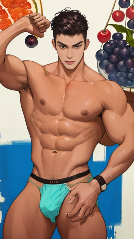 Painting, bullfighter, among fruits and berries  frivolous young  Thirteen year old son, fitness body, voluminous,  elastic buttocks, Tanga panties, playful look, aesthetically pleasing, beautiful, yaoi, super-detailed, high quality. Only male gender, guys...