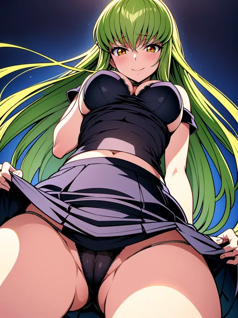 c.c.、code Geass、Under the skirt、Under the skirt、Under the skirt、Green Hair、Voluptuous body、Plump thighs、Best image quality、Captivating smile、High resolution、masterpiece、super high quality、Spread your legs 、bra、panties、とてもBig Ass、Blushing、4K quality、Big Ass...