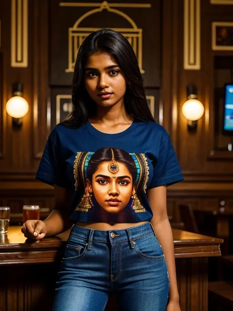 14 year old Tamil girl, inside pub, evening sky, bossy sassy photoshoot, (wearing expensive t-shirt, long jeans pant ), (intricate detailing of face eyes nose mouth full lips & body parts), textured skin, smile:0.6, eyes symmetry, face symmetry, 256K, HDR,...