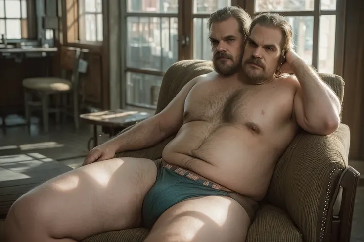 (((2heads))), solo, ((((david harbour)))), middle aged, male, short graying hair, ((obese, overweight, fat, chubby, heavy, dadbod)), ((shirtless, briefs)), navel, body hair, dreamy atmosphere, dark cyan and red, i cant believe how beautiful this is, serene...