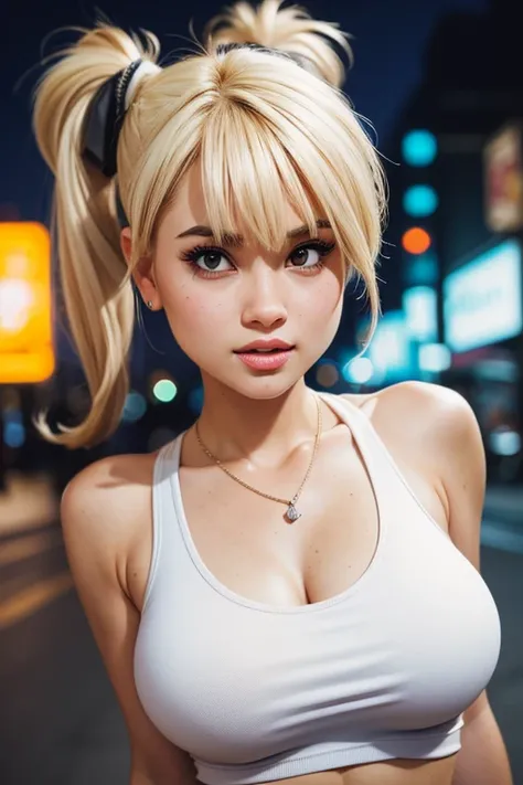 (best quality,4k,highres,ultra-detailed,realistic:1.2), a young girl, very big  breasts,short blond  hair with a pigtail and bangs,  flat abs, fitted white tank top, earrings , necklace out in the street at night, neon lights and advertising, close-up port...