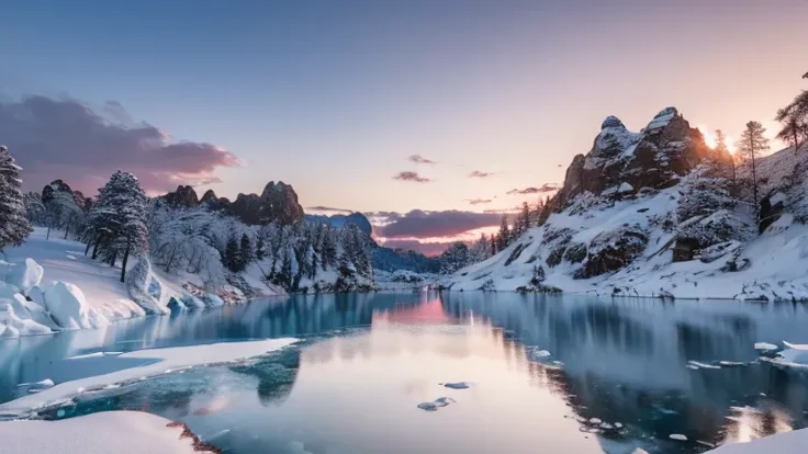 a large body of water surrounded by snow covered rocks, winter lake setting, icy lake setting, ice snowy lake setting, desolate ...