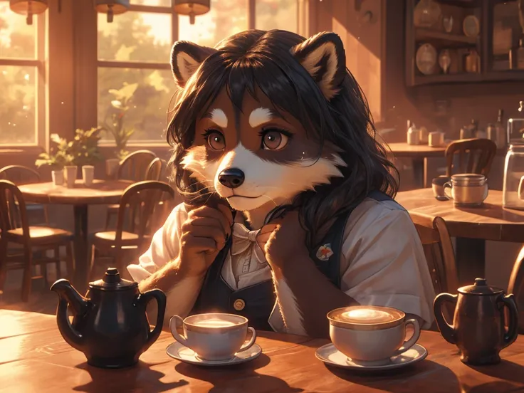 realistic hairy fur , round face , moist round eyes , Swollen cheeks , hair ties , Short stature , female racoon dog , teatime on cafe