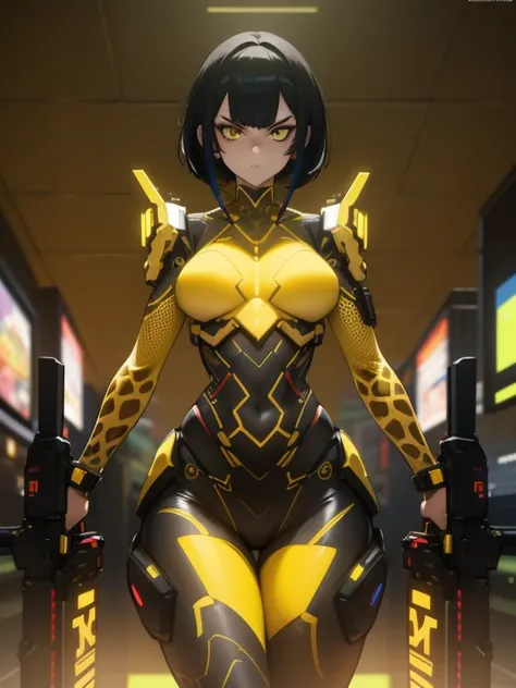 a (giraffe pattern outfit) yellow and black outfit,sword,beautiful cyberpunk woman,cyberpunk angry gorgeous goddess,beautiful cyborg girl ,hyper realistic,intricate details,cinematic lighting,vibrant colors,award winning,stunning,masterpiece